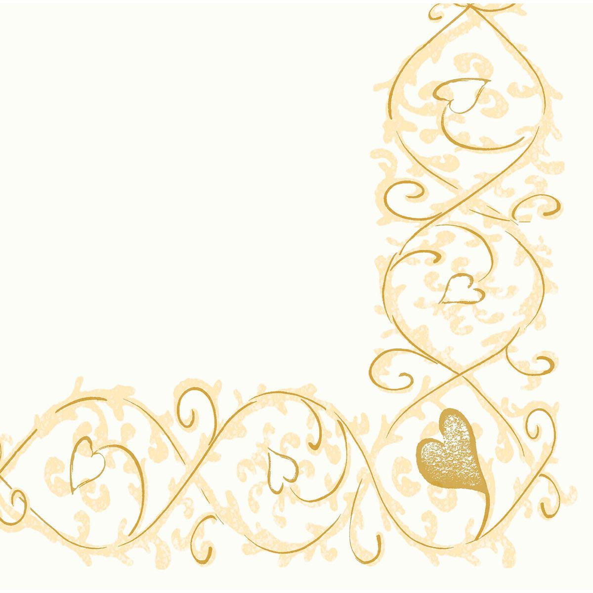 Cette bordure d'angle élégante avec des volutes dorées et des formes de cœur sur fond blanc encadre le bord inférieur et droit - parfait pour les serviettes Dunisoft 40 x 40 cm 1/4 pli de Duni GmbH.