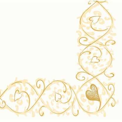 Cette bordure d'angle élégante avec des volutes dorées et des formes de cœur sur fond blanc encadre le bord inférieur et droit - parfait pour les serviettes Dunisoft 40 x 40 cm 1/4 pli de Duni GmbH.