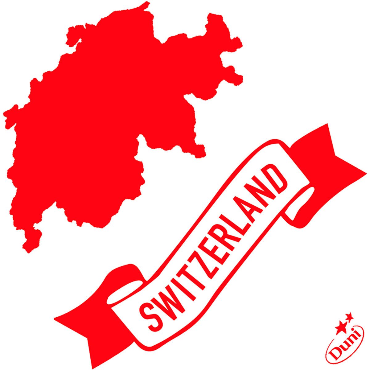 Une carte silhouette rouge de la Suisse apparaît au-dessus d'un ruban rouge avec l'inscription en gras "Suisse". Le logo de Duni GmbH avec deux étoiles en bas à droite met en valeur les serviettes Dunisoft 40 x 40 cm 1/4 pli de haute qualité.