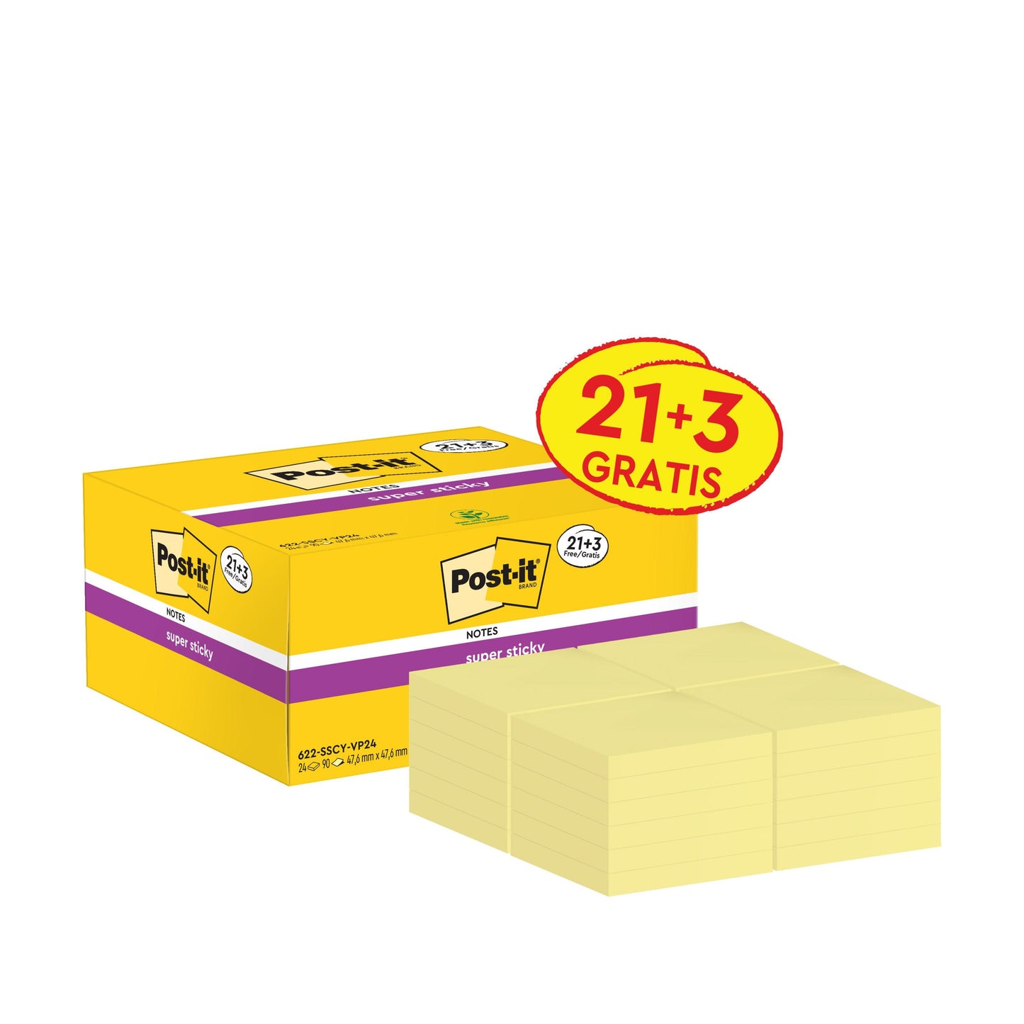 Une boîte jaune de 3M Post-it® Super Sticky Notes, Jaune (47,6 x 47,6 mm), certifiée PEFC, avec l'étiquette "21+3 Gratuit" de 3M Deutschland GmbH ; devant, plusieurs piles de notes adhésives jaunes sont alignées.
