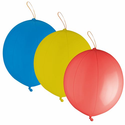 Trois ballons de punch PAPSTAR (Ø 40 cm, couleurs assorties) de la société PAPSTAR GmbH sont présentés en bleu, jaune et rouge avec des élastiques et des œillets dans un pack de 3 sur fond blanc.