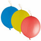 Trois ballons de punch PAPSTAR (Ø 40 cm, couleurs assorties) de la société PAPSTAR GmbH sont présentés en bleu, jaune et rouge avec des élastiques et des œillets dans un pack de 3 sur fond blanc.