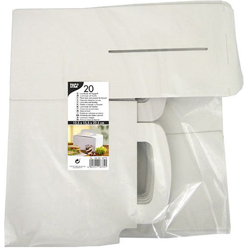 Un emballage transparent de PAPSTAR GmbH contient 20 boîtes à lunch plates blanches "pure" en carton (12,5 x 15,5 x 22,5 cm) avec poignée de transport. L'étiquette montre des informations sur le produit, une image de carton assemblé et met en avant le carton écologique.