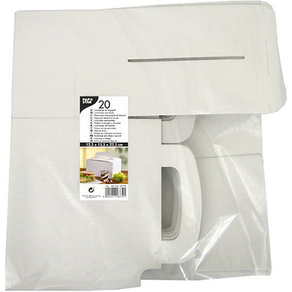 Un emballage transparent de PAPSTAR GmbH contient 20 boîtes à lunch plates blanches "pure" en carton (12,5 x 15,5 x 22,5 cm) avec poignée de transport. L'étiquette montre des informations sur le produit, une image de carton assemblé et met en avant le carton écologique.
