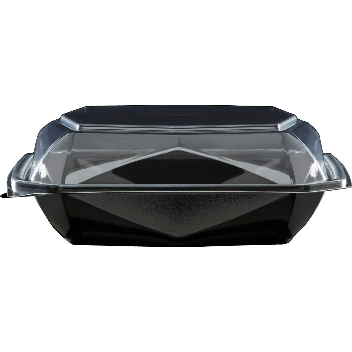 L'image montre un conteneur à emporter Octaview® M Noir / Transparent APET 185x185x70 vide de Duni GmbH avec un couvercle transparent sur fond blanc. Le couvercle solidement fixé souligne l'utilisation comme emballage alimentaire.