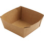 Eine umweltfreundliche Duni GmbH Viking Cube Low Box, Braun Karton/PE, 113x113x50 mm Lebensmittelschale (Packung 300 Stück), mit umgeschlagenen Ecken, schräg von oben dargestellt - ideal als nachhaltige Verpackungslösung.