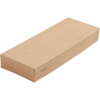 Une boîte en carton rectangulaire, plate et fermée, de couleur marron sobre, ornée d'un petit logo « ecochic » : boîte Viking Slim Brick avec couvercle, en carton marron/PLA, 225 x 85 x 30, de la marque Duni GmbH – un emballage respectueux de l'environnement, lot de 300 pièces, idéal pour un stockage durable.