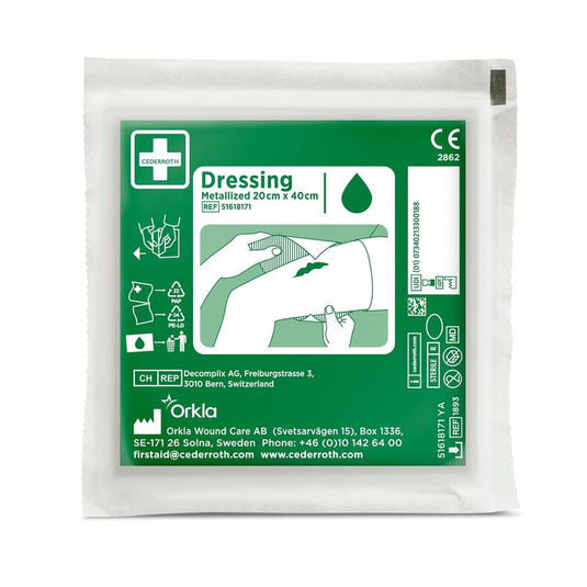 Un emballage vert et blanc portant la mention « Cederroth Netzverband | Emballage (1 pièce) » de la marque Orkla Wound Care AB comporte, sur le recto, des instructions illustrées pour le soin des plaies, des détails sur le produit, des informations sur l'entreprise et des symboles médicaux.