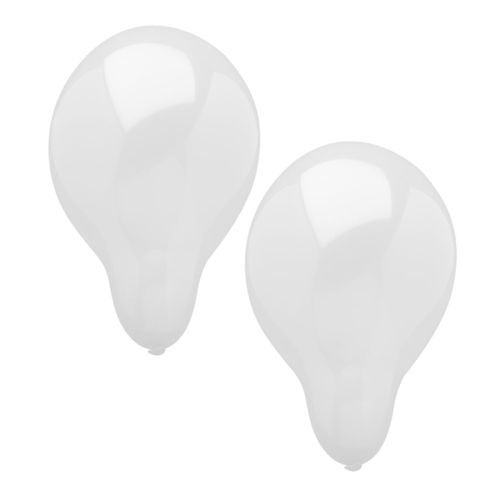 Zwei schlichte weiße PAPSTAR 100 Luftballons (Ø 25 cm) der PAPSTAR GmbH in Tropfenform sind auf weißem Untergrund abgebildet. Ihre Oberfläche ist reflektierend hervorgehoben und eignet sich daher ideal für die Partyplanung.