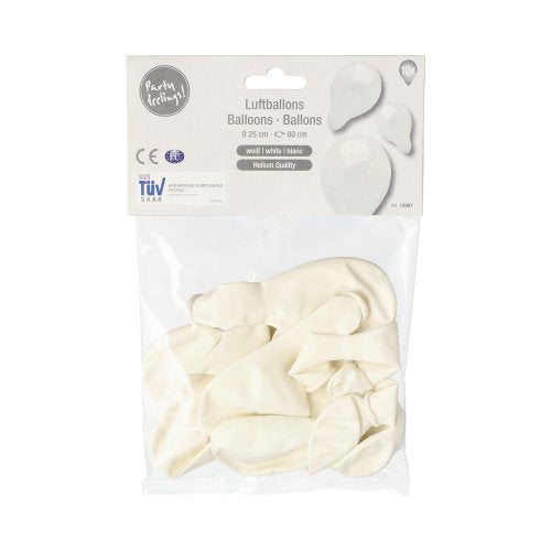In einer transparenten Verpackung der PAPSTAR GmbH befinden sich 10 unaufgeblasene weiße Latexballons (Ø 25 cm). Das Etikett auf der Oberseite trägt den Aufdruck „PAPSTAR 10 Luftballons“ und zeigt aufgeblasene weiße Ballons. Die Ballons eignen sich daher hervorragend als Dekoration.