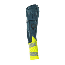 Pantalon avec poches suspendues, pantalon ULTIMATE STRETCH, pétrole foncé/jaune haute visibilité