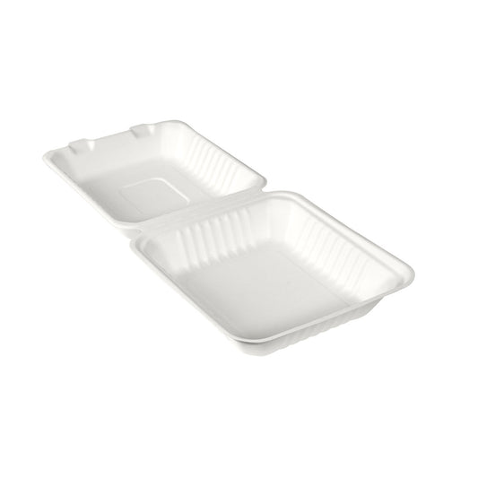 Die BioPak Menübox 1000 ml aus weißer Bagasse von Duni GmbH (225x201x85 mm, 50 Stück) ist offen und zeigt zwei leere, gerippte Fächer - eine nachhaltige Verpackungslösung aus biologisch abbaubarem Material.