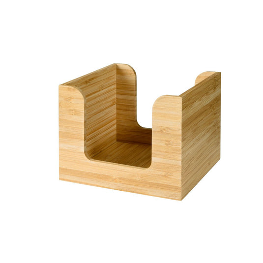 Der Bambus Serviettenständer 13x13 cm von Duni GmbH ist ein quadratischer Serviettenhalter mit offenen Seiten und einer niedrigen Front. Die sichtbare Holzmaserung verleiht diesem stilvollen, umweltfreundlichen Tischorganisator einen natürlichen Look - perfekt, um Servietten griffbereit zu halten.