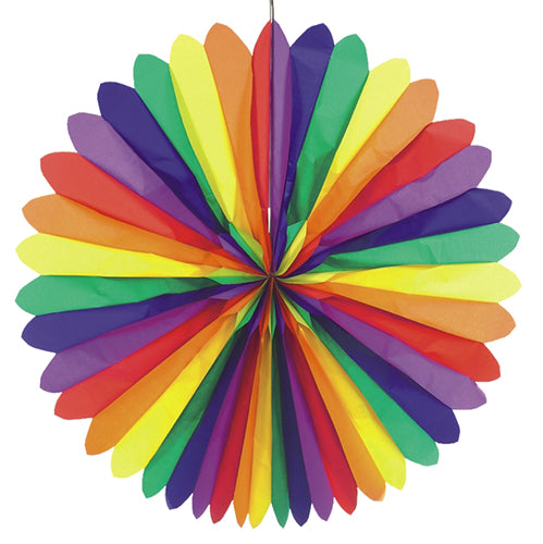 Les PAPSTAR éventails décoratifs "Rainbow" (Ø 120 cm, ignifuges) de la société PAPSTAR présentent alternativement des sections rouges, orange, jaunes, vertes, bleues et violettes dans un design rond et symétrique et sont illustrés sur un fond blanc.