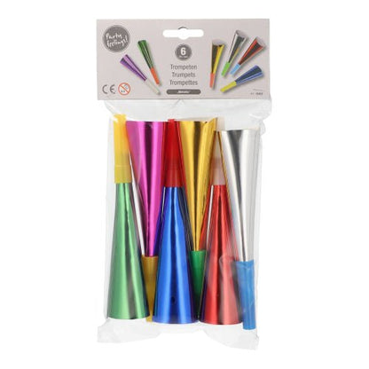 Les trompettes colorées assorties "Métalliques" (18 cm, 6 pièces) de PAPSTAR GmbH viennent dans un emballage transparent - idéal comme accessoire de fête festif. L'étiquette sur le dessus montre les données du produit.