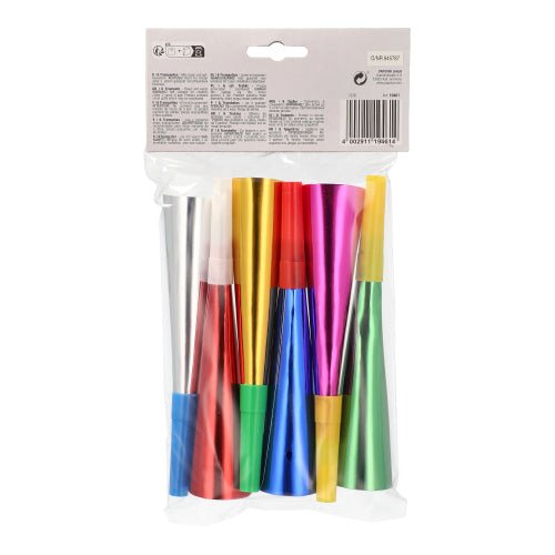 Un sac en plastique transparent avec six trompettes PAPSTAR colorées assorties "Métalliques" de fête (18 cm) en différentes couleurs, décoration festive de PAPSTAR GmbH, est muni d'un carton blanc avec des informations sur le produit.