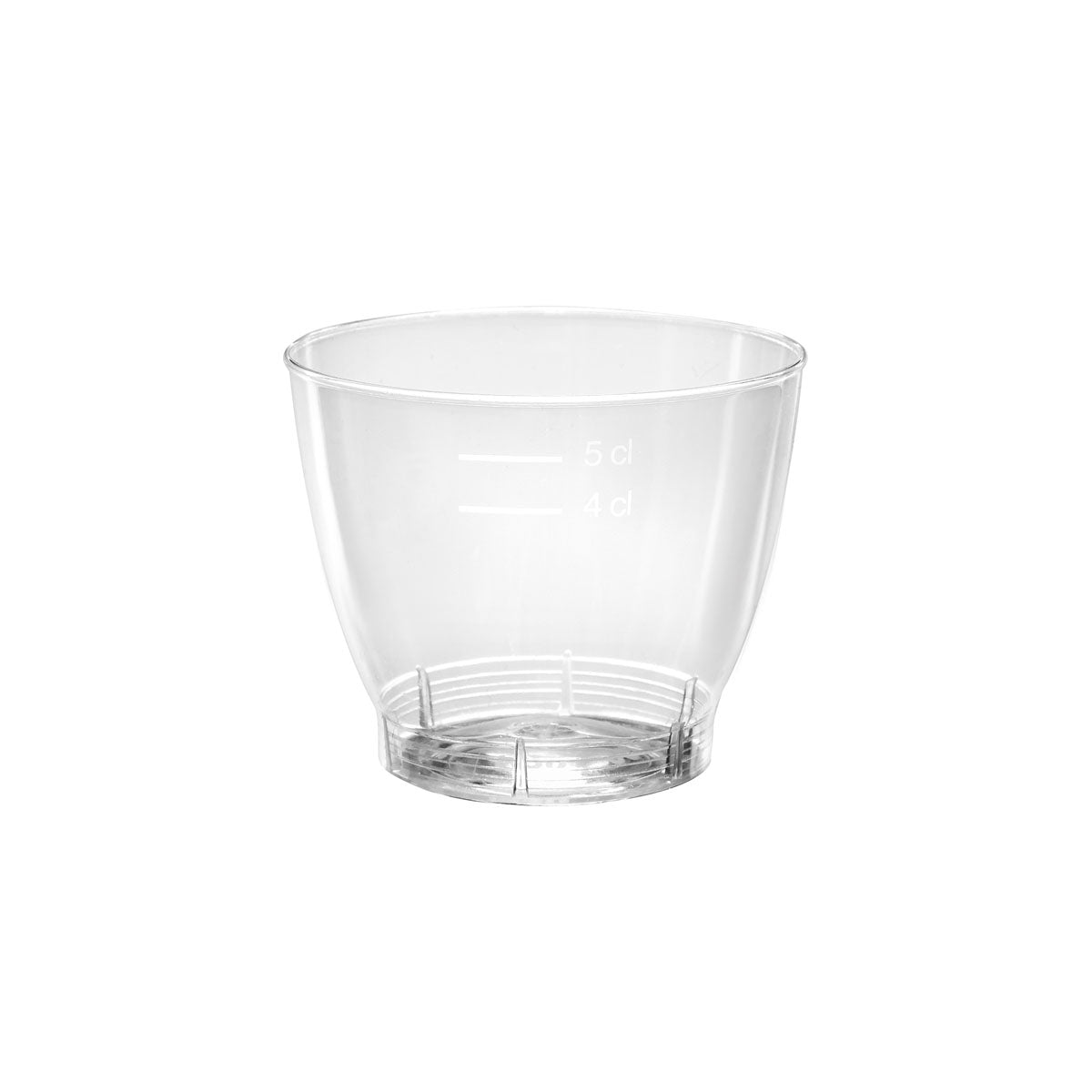 Das Duni GmbH Portionsglas Crystallo 65 ml aus transparentem PLA ist mit den Markierungen 4 cl und 5 cl auf weißem Hintergrund abgebildet. Die Packung enthält 40 Stück.