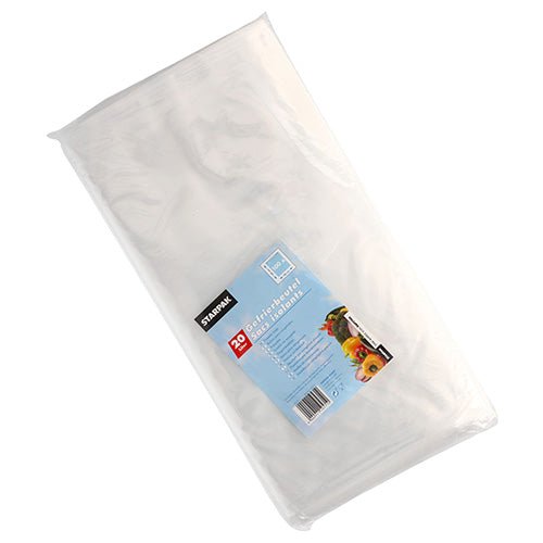 Un emballage en plastique transparent contient 100 sacs de congélation Starpak LDPE (60 x 40 cm, chacun de 20 l). L'étiquette bleue montre la marque Starpak, les détails du produit et des images de produits frais.