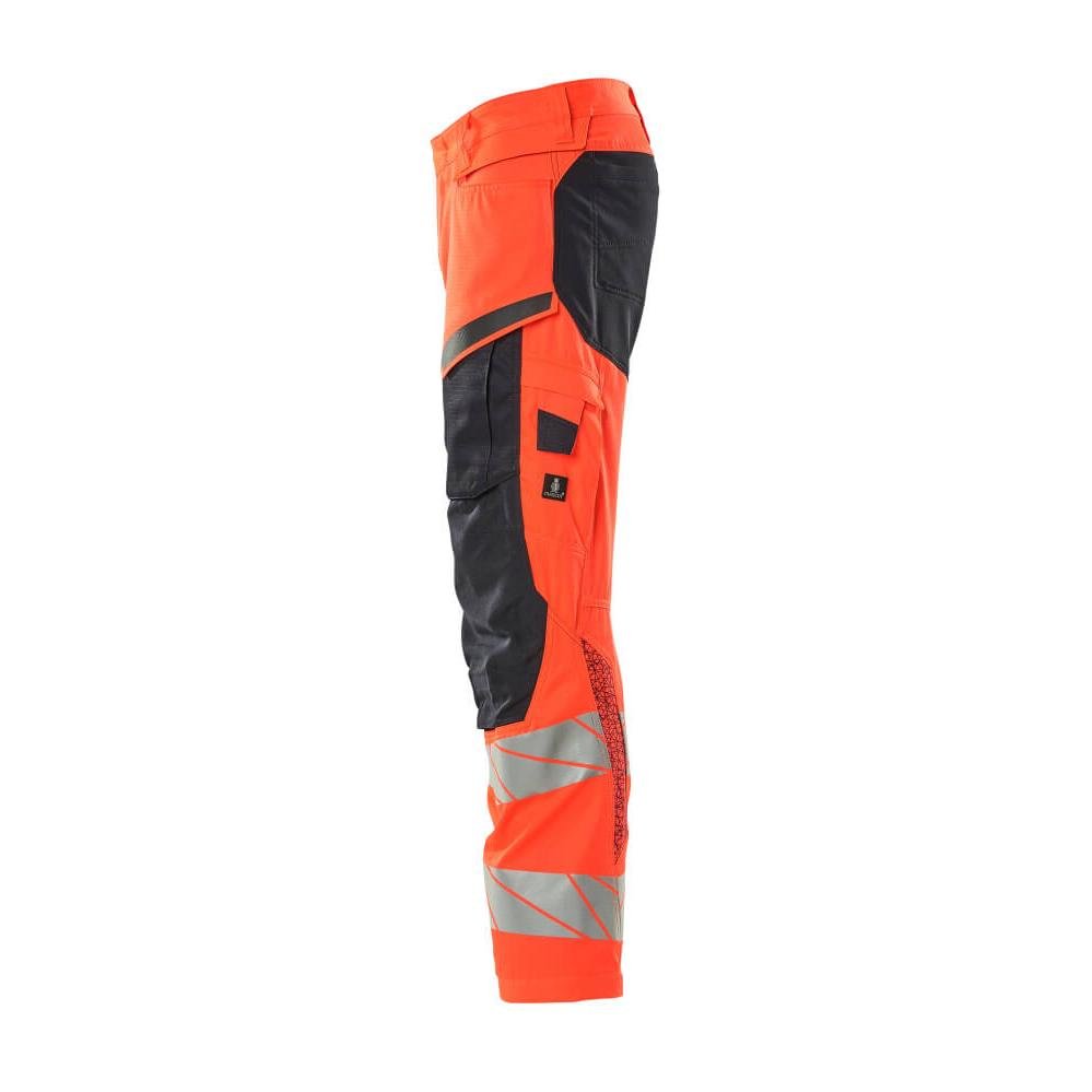 Pantalon avec poches genoux, pantalon avec empiècements stretch, rouge haute visibilité/noir-bleu
