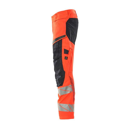 Pantalon avec poches genoux, pantalon avec empiècements stretch, rouge haute visibilité/noir-bleu