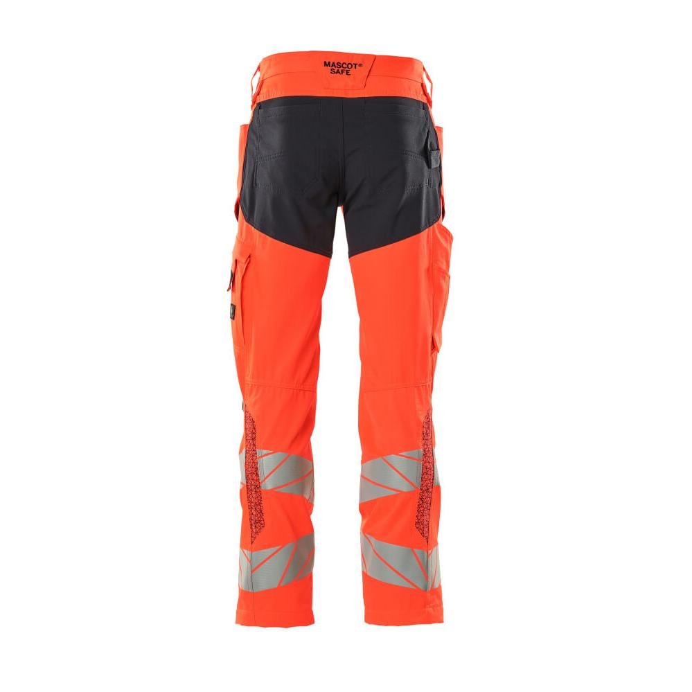 Pantalon avec poches genoux, pantalon avec empiècements stretch, rouge haute visibilité/noir-bleu