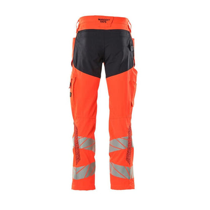 Pantalon avec poches genoux, pantalon avec empiècements stretch, rouge haute visibilité/noir-bleu