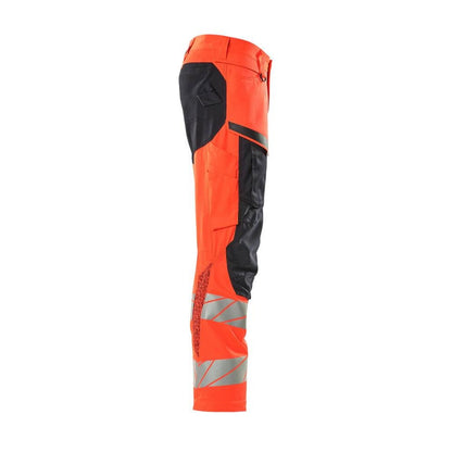 Pantalon avec poches genoux, pantalon avec empiècements stretch, rouge haute visibilité/noir-bleu