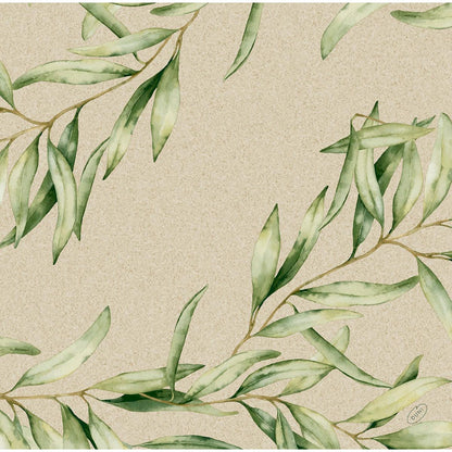 Des branches de feuilles vertes aquarellées sur un fond texturé beige avec un espace vide au centre, idéal pour les serviettes Dunisoft 40 x 40 cm 1/4 pli de Duni GmbH.