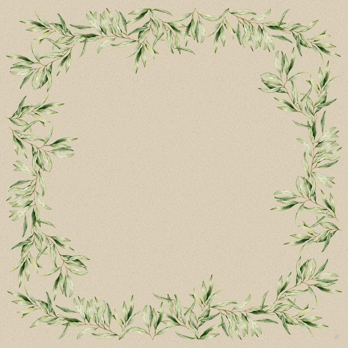 Die Dunicel-Mitteldecken 84 x 84 cm Foliage von Duni GmbH bieten einen quadratischen Rahmen aus aquarellgrünen Blätterzweigen und einem hellbeigen Zentrum, ideal für eine elegante Tischdekoration. Jede Packung enthält 20 Stück.