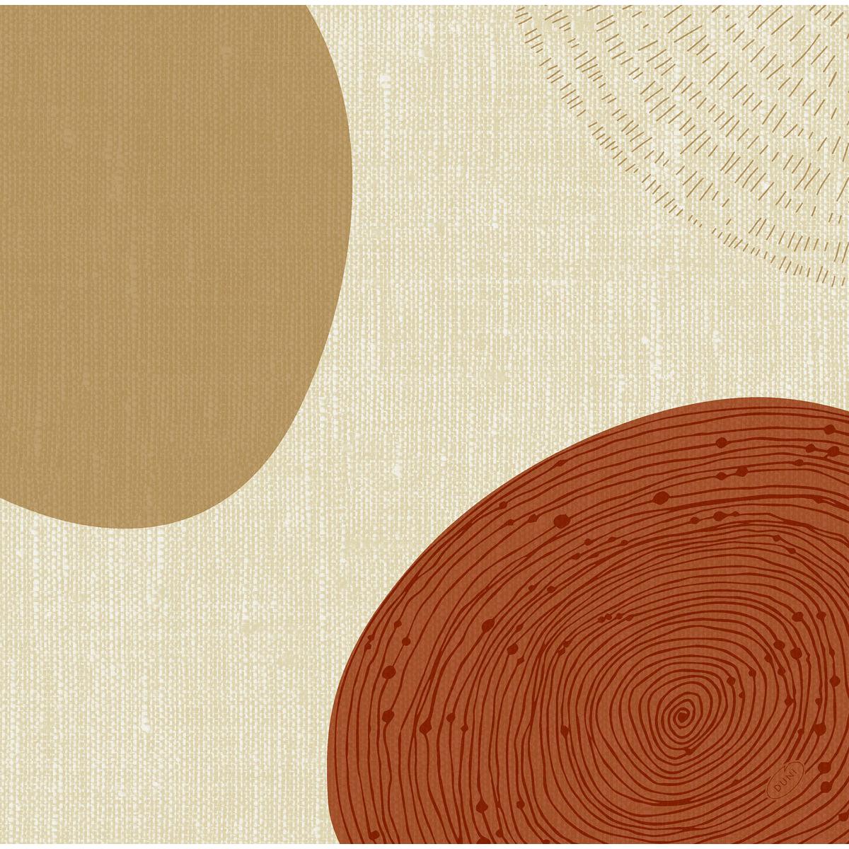 Image abstraite avec un grand ovale brun clair sur la gauche et un motif circulaire rouille avec des anneaux et des points en bas à droite, imprimé sur des serviettes Dunisoft 40 x 40 cm 1/4 pli de Duni GmbH. Fond clair, texture linéaire subtile, demi-cercle faible en haut.