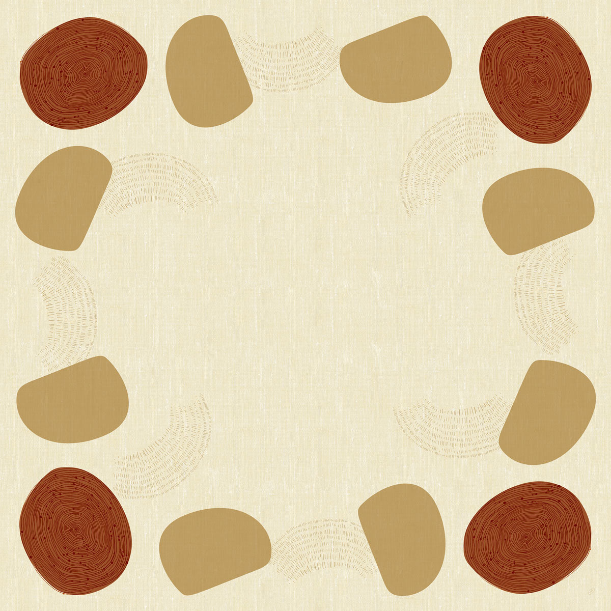 Ein quadratischer Rahmen mit beigem Hintergrund, umrandet von braunen Kreisen und hellbraunen Ovalen, eignet sich perfekt als Duni GmbH Dunicel-Mitteldecken 84 x 84 cm Earthy Packung (20 Stück) Tischdekoration.