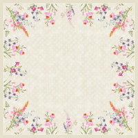 La nappe Dunicel 84 x 84 cm « Floret » de Duni GmbH est une nappe carrée de couleur beige, ornée d'un motif floral discret et de bordures représentant des fleurs sauvages dans un style aquarelle, dans les tons rose, violet, orange et vert ; le centre est laissé libre pour y inscrire du texte ou y ajouter des images.