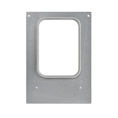 Eine rechteckige Metallplatte mit einem zentralen, abgerundet-rechteckigen Ausschnitt und vier Eck-Schraublöchern, die Teilen der Duni GmbH Kassette DF10/20 f. Forum Schale 785 ml (Packung, 1 Stück) ähnelt, fotografiert auf weißem Hintergrund.
