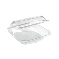 Un récipient alimentaire Duni GmbH en rPET Octaview® M Transparent rPET 185 x 185 x 70, avec son couvercle ouvert, vendu en lot de 255 pièces, est représenté sur un fond blanc uni.