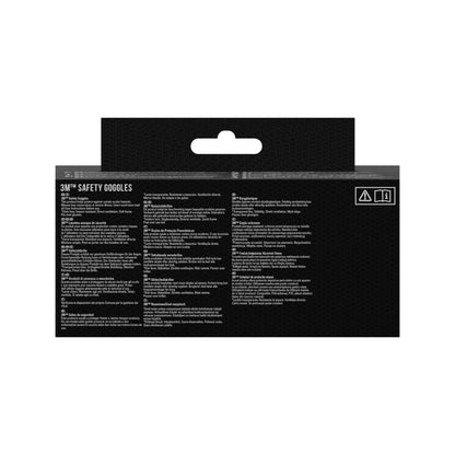Le dos d'un emballage de lunettes de protection 3M™ Classic 4700 de 3M Deutschland GmbH montre des informations sur la protection oculaire et des consignes de sécurité en plusieurs langues sur fond noir, avec une découpe supérieure pour suspendre et des détails sur le design de lentille transparente directement ventilée.