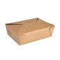 Une boîte en carton fermée Bio LARGE 1950 ml de Duni GmbH en carton brun certifié FSC avec revêtement PLA et rabats pliés, présentée sur fond blanc. L'emballage contient 50 pièces. Dimensions : 216x157x64 mm.