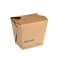 Une boîte en carton marron certifiée FSC « Bio NOODLE LARGE » (960 ml) de la société Duni GmbH, 114 x 98 x 110 mm, avec couvercle rabattable et symboles de recyclage — idéale comme boîte à emporter biodégradable pour des repas respectueux de l'environnement (lot de 50 pièces).