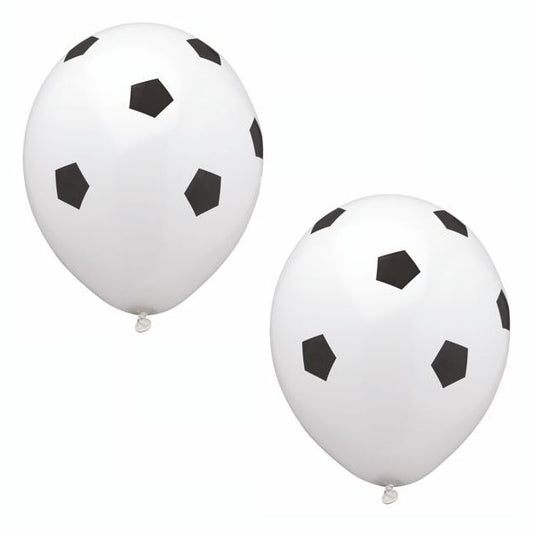 Zwei PAPSTAR Luftballons "Soccer" (Ø 29 cm) von PAPSTAR GmbH mit schwarzem Fußballmuster eignen sich perfekt als Partydeko für Kindergeburtstage; erhältlich im Beutel zu 8 Stück - ideal für Fußballpartys.