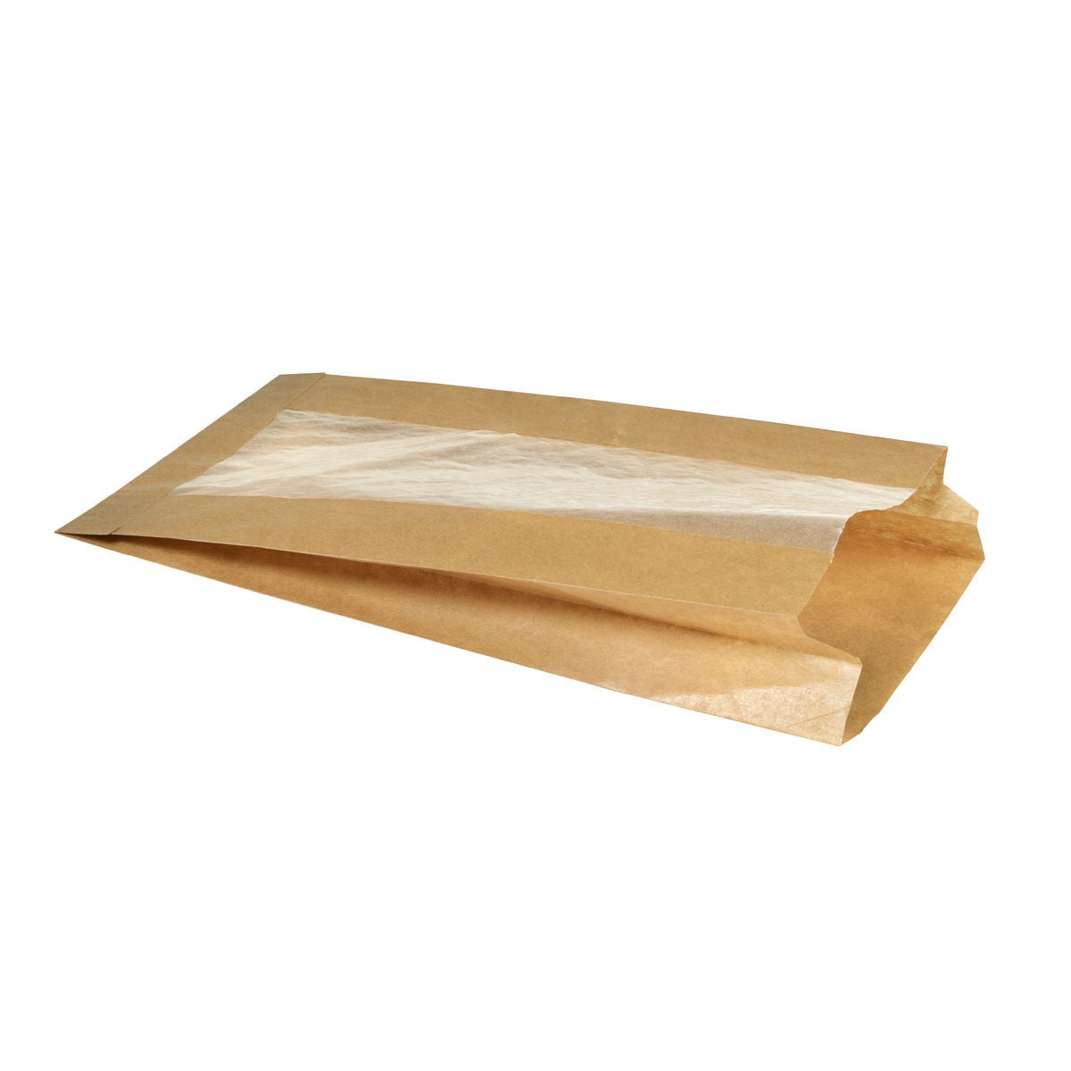 Un sac en papier brun Duni GmbH pour petits pains, muffins, bagels (270x150x50 mm) en carton/cellulose avec fenêtre transparente, respectueux de l'environnement, vide et partiellement ouvert, sur fond blanc. L'emballage contient 1000 pièces.