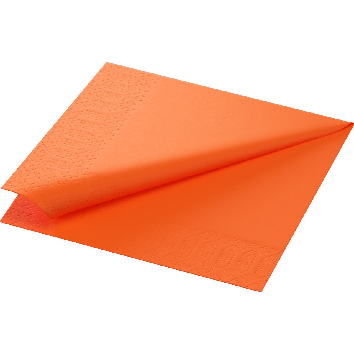 Une seule serviette en papier Duni GmbH 33x33 cm, couleur orange soleil, est partiellement dépliée pour montrer son bord texturé et deux de ses couches à trois plis.