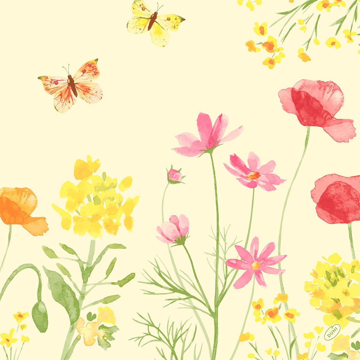 Des fleurs sauvages aquarellées en jaune, rose et orange avec des papillons ornent les serviettes Duni GmbH 40x40 cm, 4 couches, Classique Poppy Field (50 pièces). Le fond crème clair apporte de l'élégance lors d'occasions spéciales.
