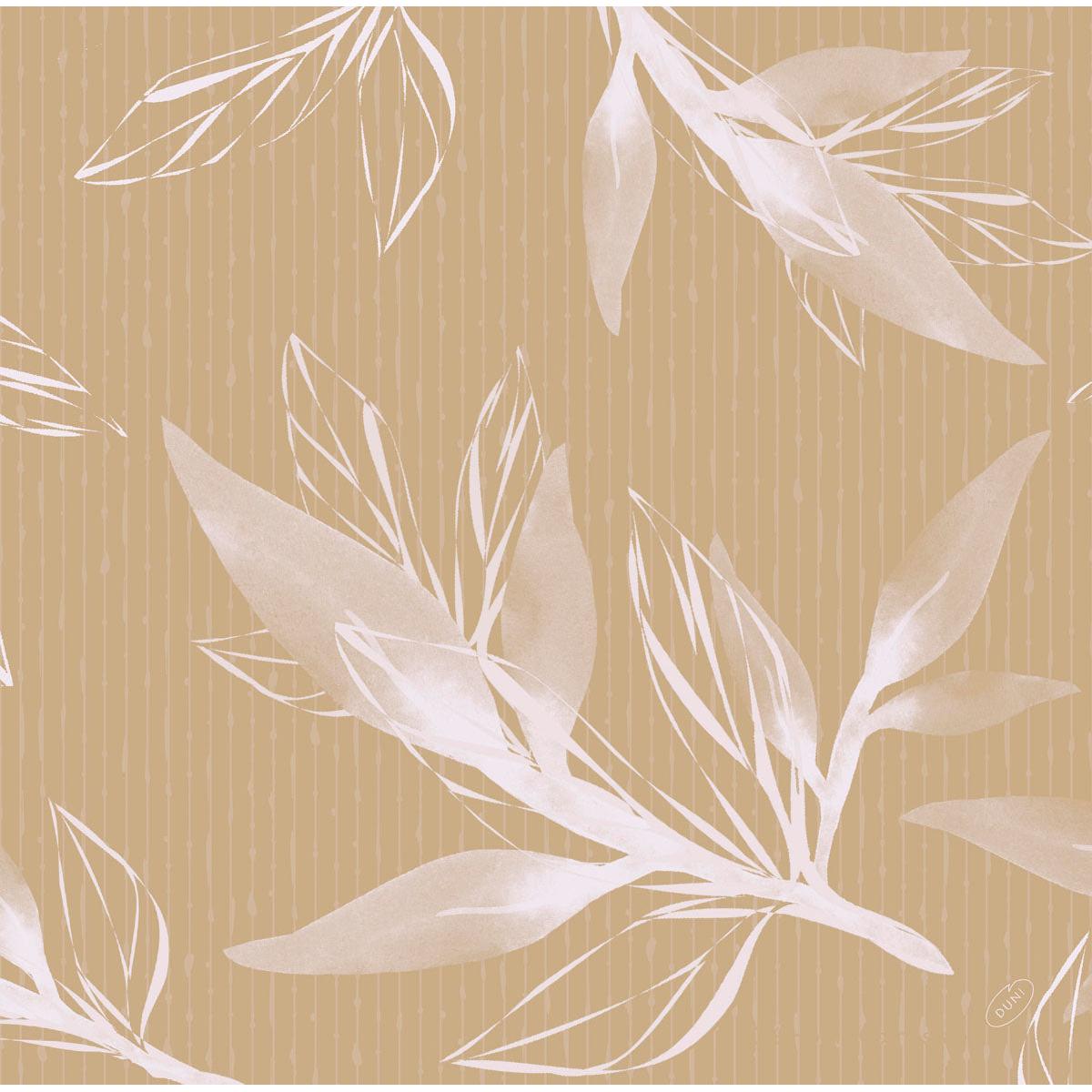 Un motif sans couture de feuilles botaniques blanches et translucides se superpose sur un fond brun clair avec de fines lignes verticales - idéal pour les serviettes Dunisoft 40 x 40 cm 1/4 pli de haute qualité de Duni GmbH, créant un look multicouche avec un feuillage stylisé.