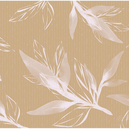 Un motif sans couture de feuilles botaniques blanches et translucides se superpose sur un fond brun clair avec de fines lignes verticales - idéal pour les serviettes Dunisoft 40 x 40 cm 1/4 pli de haute qualité de Duni GmbH, créant un look multicouche avec un feuillage stylisé.
