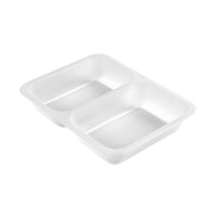 Abgebildet ist eine transparente PP-Schale Caterline 2 (227x178x40 mm) der Duni GmbH mit zwei Fächern auf einfarbig weißem Hintergrund. Die Packung enthält 216 Stück.