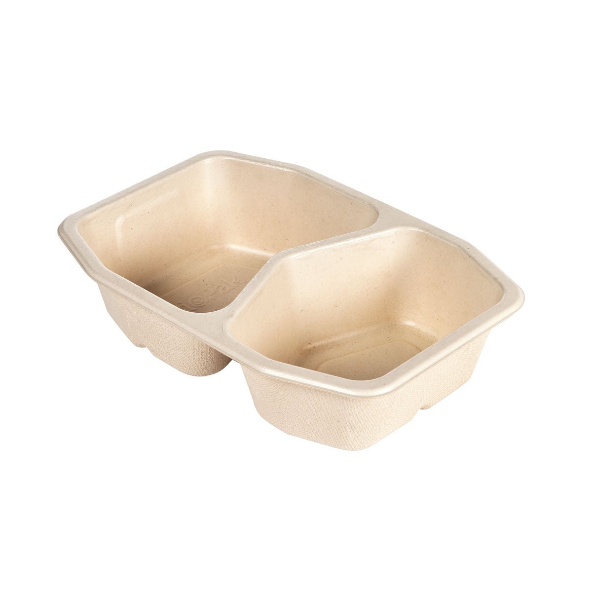 Un plateau en fibre HMR beige/PLA 2-comp, 215x148x50 mm de Duni GmbH en bagasse enduite. Avec deux compartiments, des côtés inclinés et des coins arrondis pour un service de repas confortable - emballage jetable respectueux de l'environnement (paquet : 320 pièces).