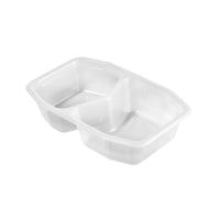 Le barquette en PP HMR 2 Transparent PP 215x148x50 de la société Duni GmbH est un récipient alimentaire transparent à deux compartiments, représenté ici à vide sur fond blanc. Disponible en paquets de 312 pièces.