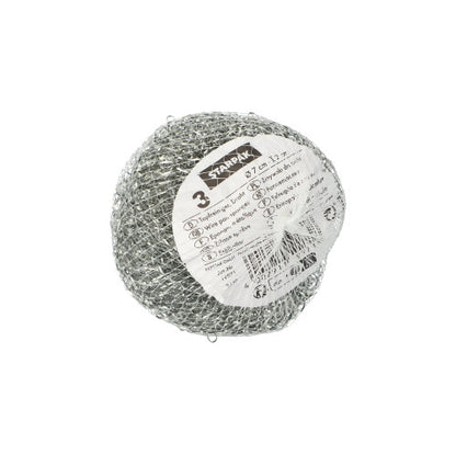 Die Starpak 3 Topfreiniger (Draht Ø 7 cm · 2 cm, kratzend | Netz, 3 Stück) sind runde Scheuerschwämme aus Metall mit weißem Informationsetikett, ideal für gründliche Reinigung und Schrubben verschiedener Oberflächen.