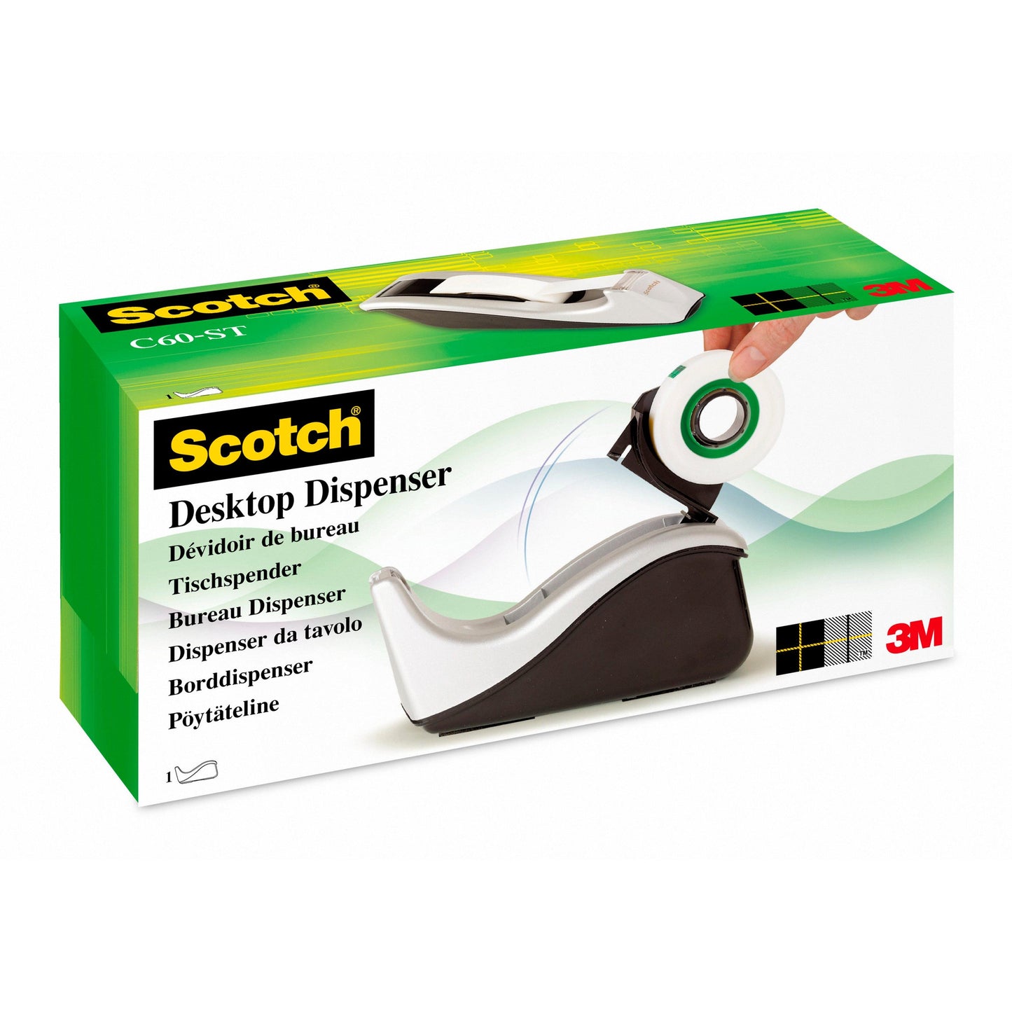 Une boîte pour le dévidoir de ruban adhésif Scotch™ C60 + ruban adhésif invisible Scotch® Magic™ (19 mm x 33 mm) de 3M Deutschland GmbH montre une main insérant le ruban adhésif dans le dévidoir blanc-gris, avec des inscriptions multilingues et un logo 3M dans le coin.