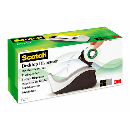 Une boîte pour le dévidoir de ruban adhésif Scotch™ C60 + ruban adhésif invisible Scotch® Magic™ (19 mm x 33 mm) de 3M Deutschland GmbH montre une main insérant le ruban adhésif dans le dévidoir blanc-gris, avec des inscriptions multilingues et un logo 3M dans le coin.
