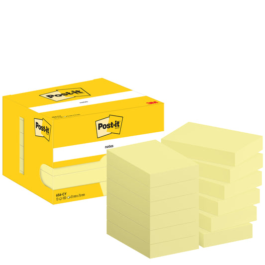 Abgebildet ist eine gelbe Post-it® Notes Box der 3M Deutschland GmbH (51x76 mm, 100 Blatt/Block, 12 Blöcke/Packung, Kartonverpackung, 100% PEFC) mit mehreren gelben Zettelstapeln auf weißem Hintergrund.